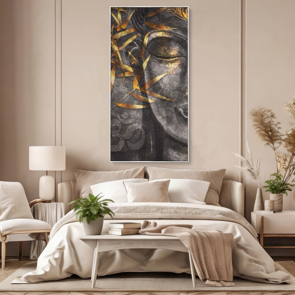 Tablou canvas cu tablou canvas cu chip de budha, in rama de aluminiu argintiu, pe perete intr-un dormitor